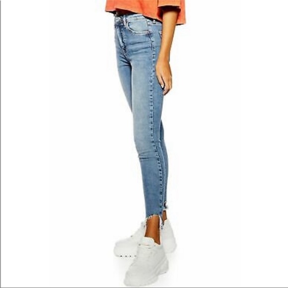 TopShop Jamie Blue High Waist Jagged Hem Skinny Jeans Sz28 Waist28” Inseam26.5” - Picture 3 of 16